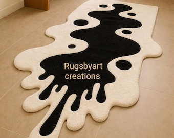 Designer Organic Shape Rug – Black White Modern Handcrafted Wool Area Rug