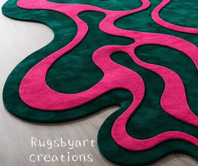 Pink And Green Shell Rug Modern Abstract Wool Rug | Green & Pink Organic Shape Hand Tufted Area ...