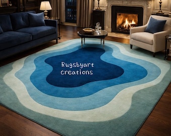 Luxury Hand-Tufted Wool Area Rug – Modern Abstract Wave Design in Blue Tones