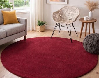 Red Round Area Rug – Hand Tufted Wool, Modern Solid Circle Carpet,Custom Size Available