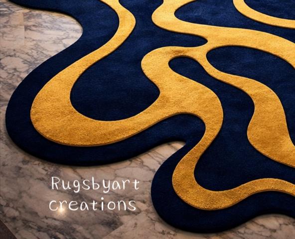 Luxury Abstract Hand Tufted Wool Rug – Navy Blue & Gold - Etsy