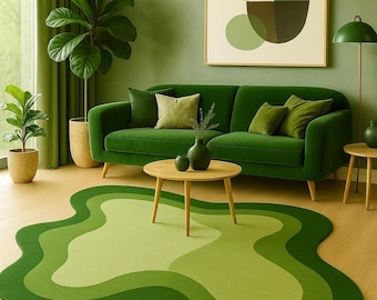 Modern Abstract Wavy Green Rug – Hand-Tufted Organic Shape Carpet for Living Room Decor”