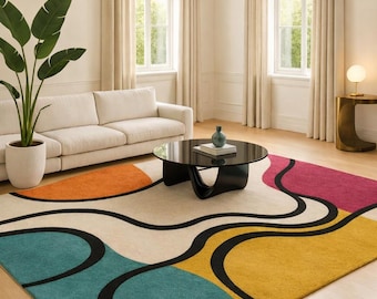 Alfombra abstracta de lana con mechones hechos a mano: moderna alfombra geométrica