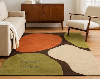 Mid-Century Modern Abstract Area Rug – Earth Tone Geometric Wool Rug