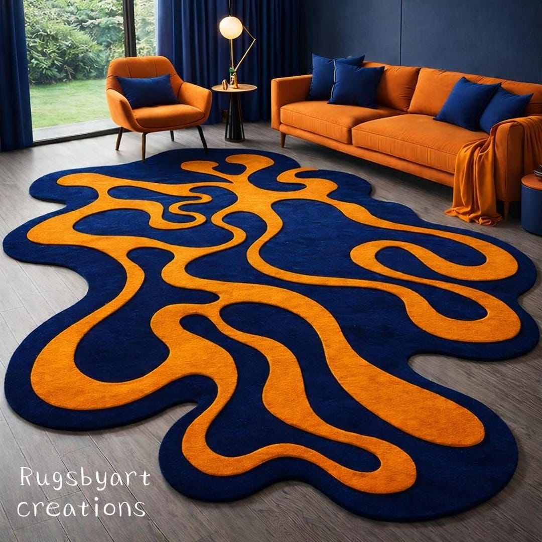 Modern Abstract Blue Orange Rug – Unique Irregular Shape Wool Carpet ...