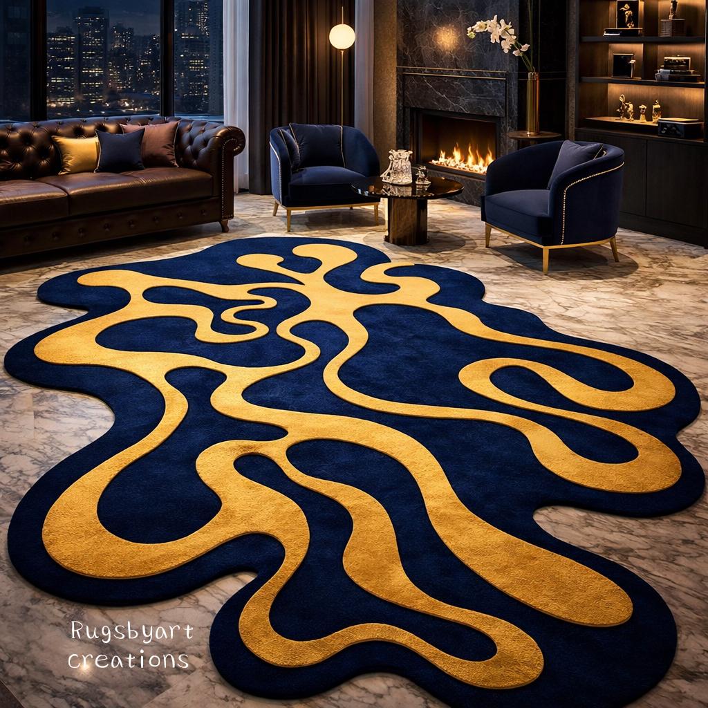 Luxury Abstract Hand Tufted Wool Rug – Navy Blue & Gold - Etsy
