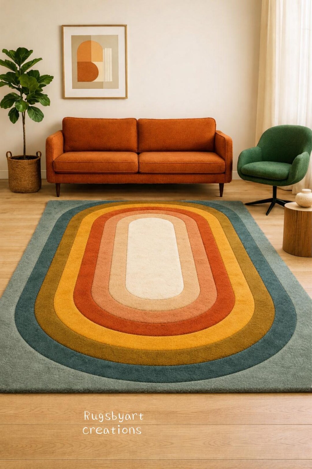Round Arch Rug Retro Rainbow Arch Wool Rug – Handmade Modern Geometric Area Rug - Etsy
