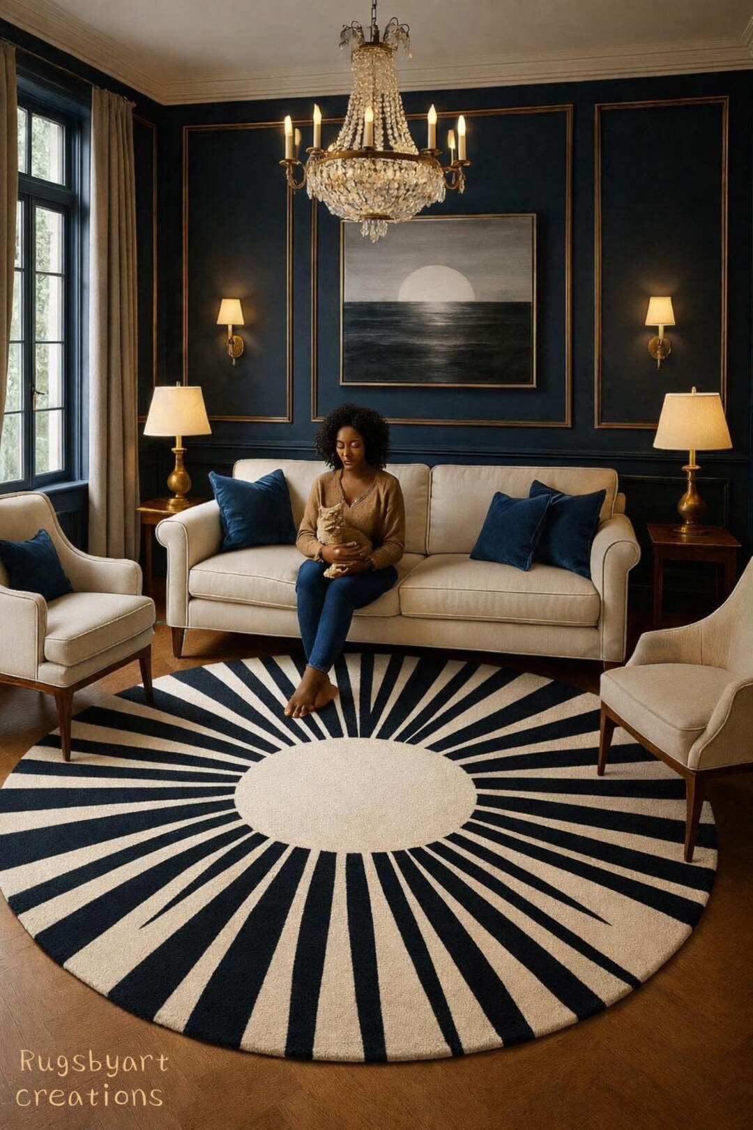Midnight Ruge Color Midnight Sunburst Round Rug - Etsy