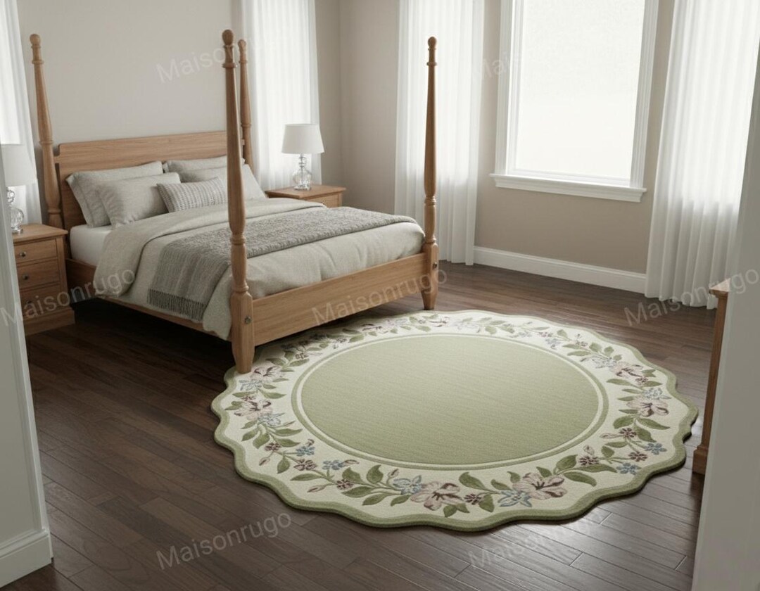 Floral Hand Tufted Round Wool Rug Border Green Area Scalloped Living ...