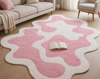 Modern Abstract Pink Area Rug Irregular Wavy Shape Carpet Luxury Living Room