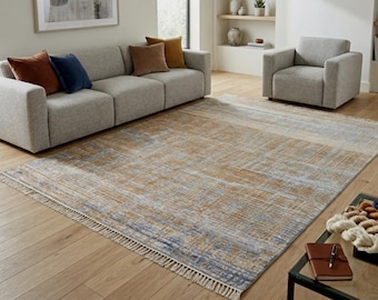 Hand-Knotted Pure Silk 9x12 Area Rug, Textured Gold Denim Blue, Luxury Indian Carpet