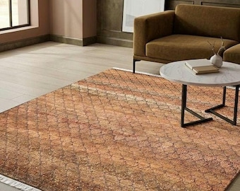9x12 Hand Knotted Silk Rug, Modern Moroccan Trellis, Rust Orange Brown Luxury Area Rug,