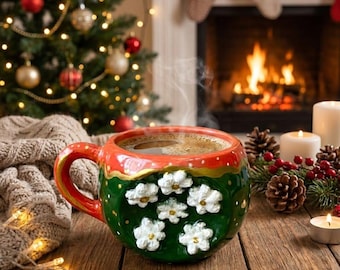Hand Painted Ceramic Mug, Christmas Coffee Cup, Floral Holiday Mug, Handmade Pottery Mug, Cozy Winter Gift