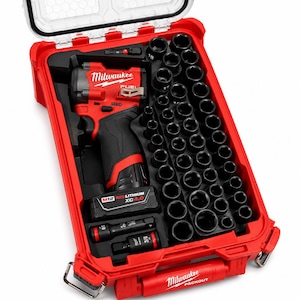 May include: A red Milwaukee Packout case containing a red and black M12 Fuel impact wrench with an XC 4.0 battery, two extension bars, and a large set of black impact sockets organized in a custom-fitted black foam insert within the tool box.