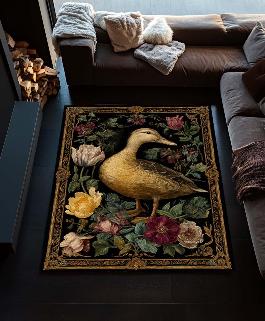 Pink Duck Rug Duck Rug – Vintage Farmhouse Bird Area Rug With Floral Border - Etsy