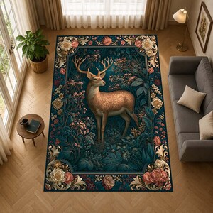 Vloerkleed met hertenmotief, tapijt met bosmotief, bloemenkleed met natuurthema, sierlijke Victoriaanse woonkamerdecoratie, sfeervol vloerkleed met botanisch dierenthema