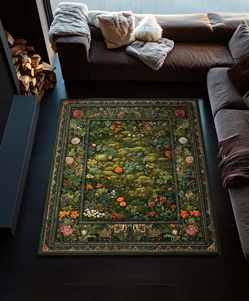 Botanical Green Plant Rug, Cottagecore Wildflower Farmhouse Decor - Etsy