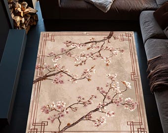 Alfombra japonesa con estampado floral de Sakura, alfombra botánica con flor de cerezo