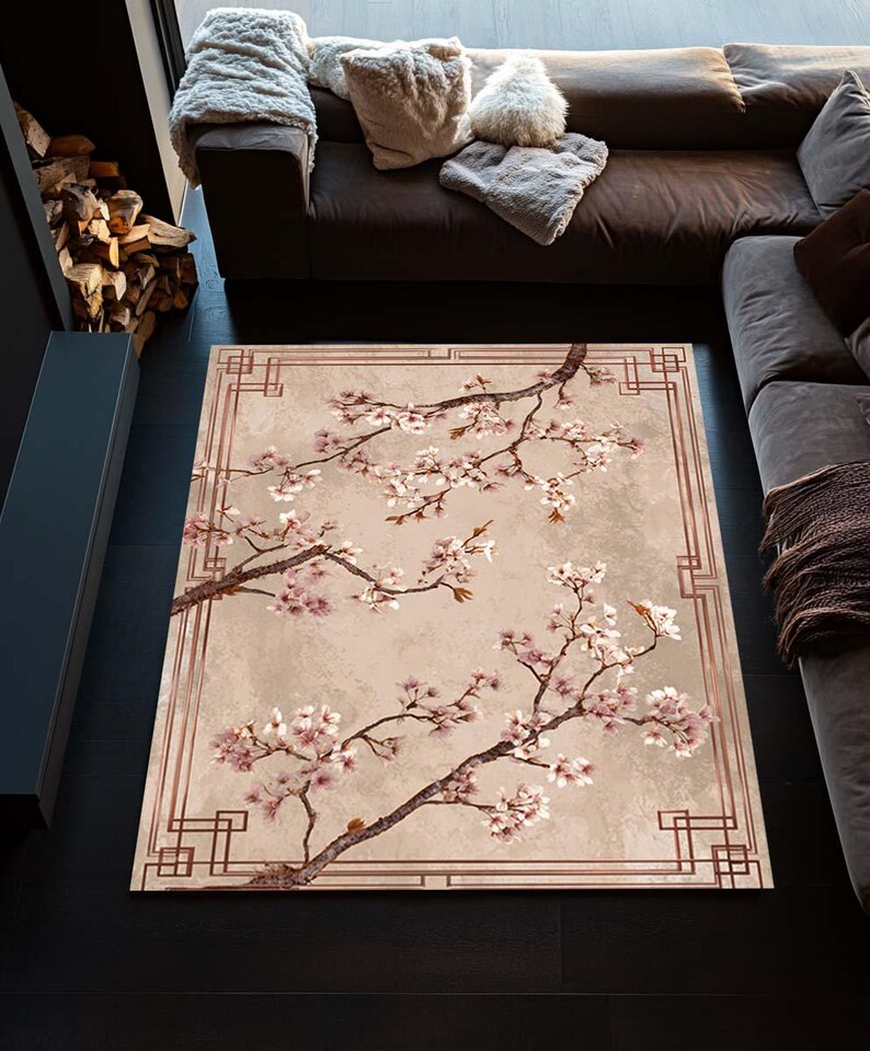 Pink Japanese Rug Japanese Sakura Floral Print Rug Cherry Blossom Botanical Rug - Etsy