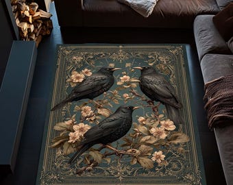Gothic Raven Rug: Floral Crow Design for Dark Academia Decor
