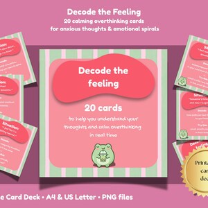 Peut inclure: Un jeu de cartes imprimables rose et vert avec le texte "Decode the Feeling" et "20 cartes de surréflexion apaisantes". Le jeu comprend des cartes avec le mot "Situation" et une illustration de grenouille.
