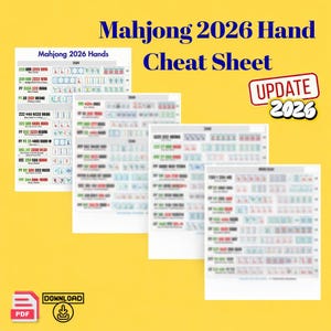May include: A yellow background featuring a Mahjong 2026 Hand Cheat Sheet. The image shows several sheets with hand combinations, a "Download" icon, and a "PDF" icon. The text "UPDATE 2026" is also visible.