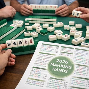 Könnte beinhalten: Ein Mahjong-Spiel im Gange, mit grünen und weißen Spielsteinen auf einer grünen Oberfläche. Das Bild enthält ein Blatt mit dem Aufdruck "2026 Mahjong Hands". Hände sind sichtbar.