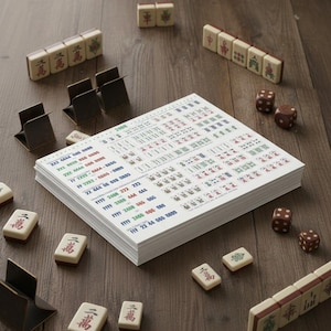 May include: A collection of Mahjong tiles and accessories arranged on a wooden surface. The set includes ivory-colored tiles with red and green markings, dice, and a booklet with printed characters. Several metal tile holders are also present.
