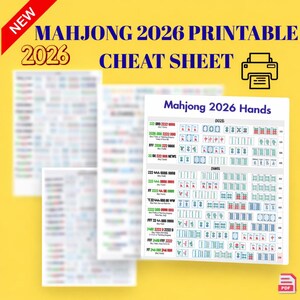 May include: A printable Mahjong 2026 cheat sheet with the text "Mahjong 2026 Hands" and a printer icon. The design features various Mahjong tile combinations and game strategies. The word "NEW" is in a red banner.
