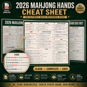 Foglio riassuntivo visivo di Mahjong americano 2026 / Un esempio per mano / 5 pagine / PDF di riferimento per principianti di Mahjong pronto per la plastificazione (download)