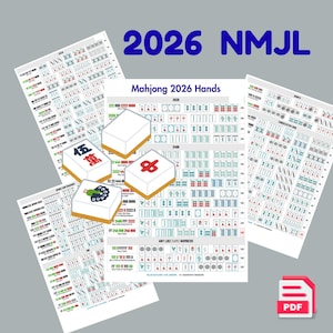 Può includere: Un'immagine con grafici e tessere di Mahjong 2026 Hands. I grafici mostrano combinazioni di mani con simboli e numeri colorati. Le tessere sono bianche con simboli rossi, verdi e neri. Il testo "2026 NMJL" è in alto.
