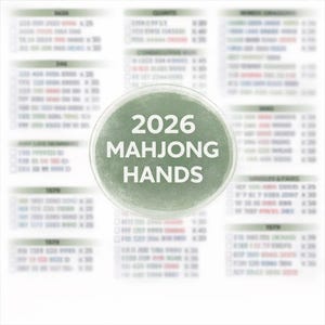 May include: A white background with a green circular graphic that reads "2026 Mahjong Hands" in white text. The graphic is surrounded by charts with lists of numbers and text, likely related to Mahjong game strategies.