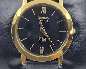 Seiko Mens Watch 18mm Black Gold Tone Diamonds Leather 5930 