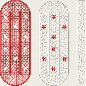 May include: Embroidered patches in red and white, oval and rectangular. One oval patch has a red border with a lattice design and white hearts. Another is white with red stars. The third is rectangular.