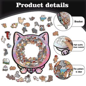 Puede incluir: Un rompecabezas con forma de gato con numerosas ilustraciones de gatos, rodeado de recortes individuales con tem&aacute;tica de gatos. El rompecabezas incluye un soporte para colgar y est&aacute; hecho de material de hoja de alta calidad. El patr&oacute;n es claro.