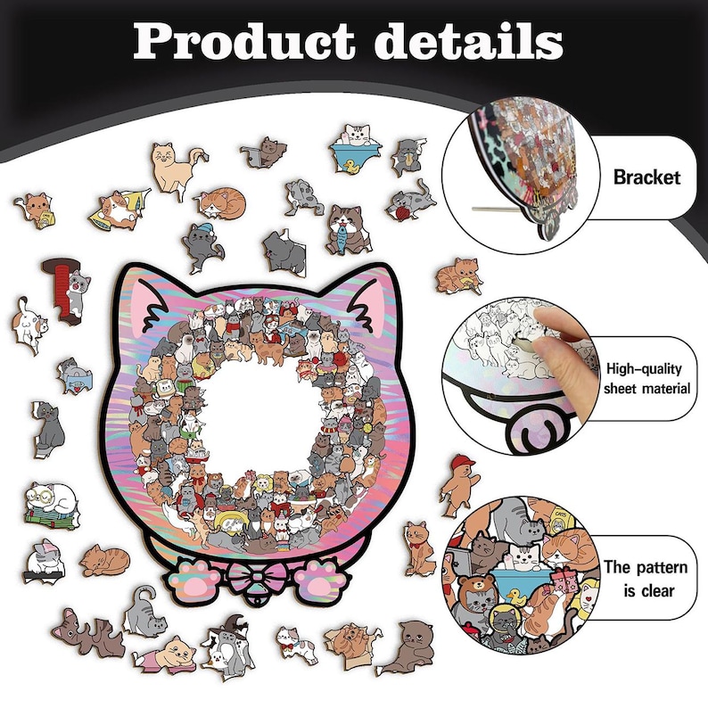 Puede incluir: Un rompecabezas con forma de gato con numerosas ilustraciones de gatos, rodeado de recortes individuales con tem&aacute;tica de gatos. El rompecabezas incluye un soporte para colgar y est&aacute; hecho de material de hoja de alta calidad. El patr&oacute;n es claro.