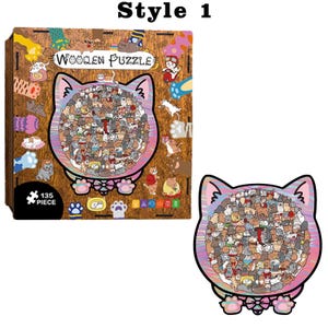 Puede incluir: Rompecabezas de madera con un dise&ntilde;o en forma de gato lleno de numerosos gatos de dibujos animados. La caja es marr&oacute;n con ilustraciones coloridas y el texto "Wooden Puzzle". El rompecabezas tiene 135 piezas.