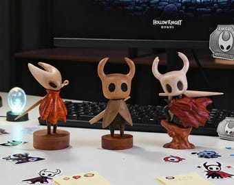Hand-Carved Hollow Knight Inspired Wooden Figurines | Walnut Wood Desk Decor | Indie Game Fan Art Sculpture | Handmade Gamer Gift