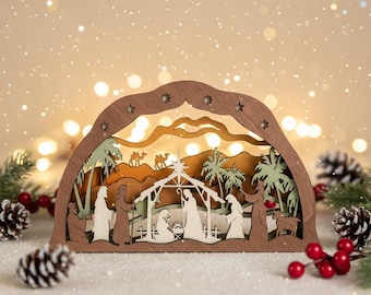 Holzkrippendekoration • Schichtholz Weihnachtskrippe • Heilige Familie Tischdekoration • Christlicher Feiertag • Religiöses Weihnachtsgeschenk