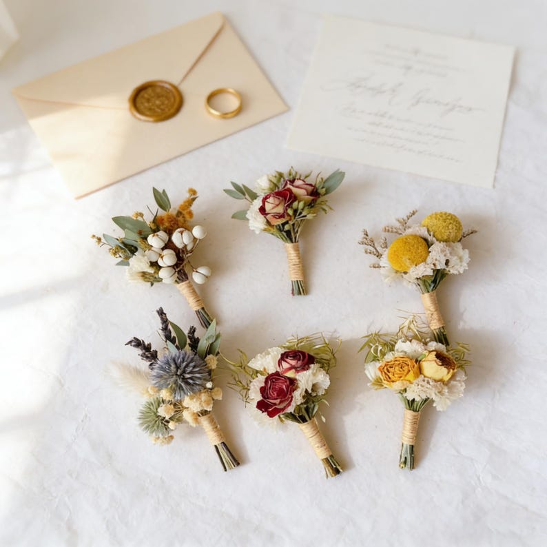 Pode incluir: Uma variedade de bot&otilde;es de flores secas com v&aacute;rias cores, incluindo branco, amarelo e vermelho, dispostos sobre uma superf&iacute;cie branca. Um anel de ouro, um envelope com um selo de cera e um cart&atilde;o manuscrito tamb&eacute;m est&atilde;o presentes. Os bot&otilde;es s&atilde;o embrulhados com barbante.