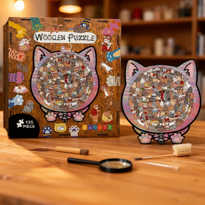 Puede incluir: Un rompecabezas de madera con forma de gato de 135 piezas, con una colorida ilustraci&oacute;n de numerosos gatos. El rompecabezas se muestra junto a su caja, que tambi&eacute;n tiene la imagen del rompecabezas y las palabras "Wooden Puzzle". Una lupa y un cepillo est&aacute;n sobre la mesa.