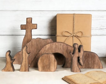 Ostern Holzdekor, neutrale Auferstehungsszene, Bauernhaus Christian Wohnkultur, Glaube Regal Display, Holzkreuz Art