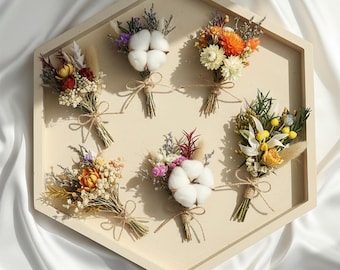 Conjunto de mini buquês rústicos de flores secas • Arranjo de buquê de algodão • Lembrancinhas de casamento boho • Decoração para casa em estilo fazenda • Conjunto de presente com flores preservadas