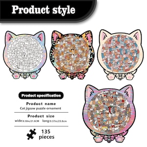 Puede incluir: Rompecabezas con forma de gato con ilustraciones de gatos. Cada rompecabezas mide aproximadamente 21,8 cm de ancho y 23,8 cm de largo, con 135 piezas. El nombre del producto es "Cat jigsaw puzzle ornament".