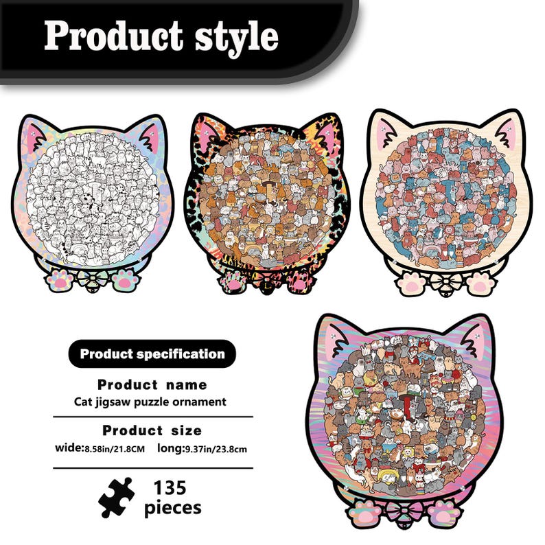 Puede incluir: Rompecabezas con forma de gato con ilustraciones de gatos. Cada rompecabezas mide aproximadamente 21,8 cm de ancho y 23,8 cm de largo, con 135 piezas. El nombre del producto es "Cat jigsaw puzzle ornament".