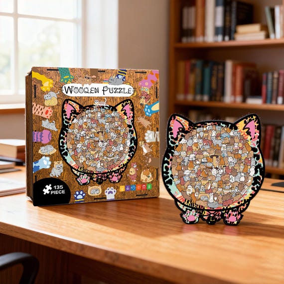 Wooden Cat Puzzle for Adults & Kids, 135PCS Cute Animal Jigsaw Gift, Cat-Shaped Wooden Puzzle, Unique Gift for Cat Lovers, Stress Relief Toy