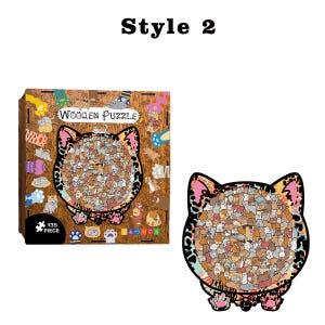 Puede incluir: Un rompecabezas de madera de 135 piezas con forma de cara de gato. El rompecabezas presenta un collage colorido de ilustraciones de gatos. La caja lleva la inscripci&oacute;n "Wooden Puzzle". La cara del gato est&aacute; delineada en rosa y negro.