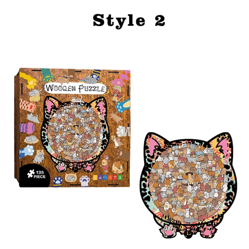 Puede incluir: Un rompecabezas de madera de 135 piezas con forma de cara de gato. El rompecabezas presenta un collage colorido de ilustraciones de gatos. La caja lleva la inscripci&oacute;n "Wooden Puzzle". La cara del gato est&aacute; delineada en rosa y negro.