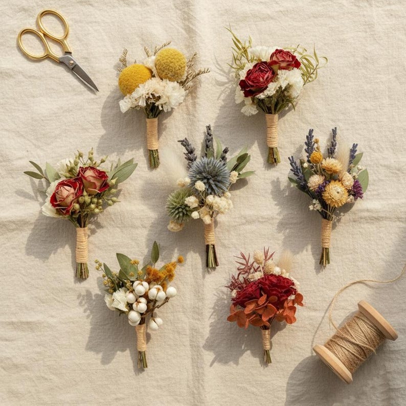 Pode incluir: Vista a&eacute;rea de v&aacute;rios pequenos buqu&ecirc;s de flores secas em v&aacute;rias cores e texturas, cada um amarrado com barbante. Tamb&eacute;m est&atilde;o presentes uma tesoura dourada e um carretel de barbante, sugerindo um tema de artesanato ou arranjo floral.