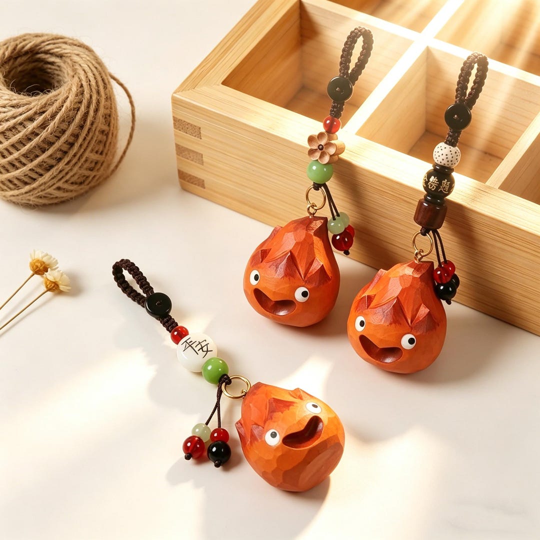 Cute Fire Keychain, Kawaii Flame Charm, Wooden Fire Spirit Pendant ...